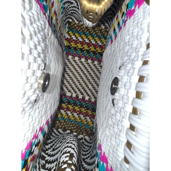 Handwoven Tote Bag With Multicolor Stripes & Button Closure - Picture 3 of 7